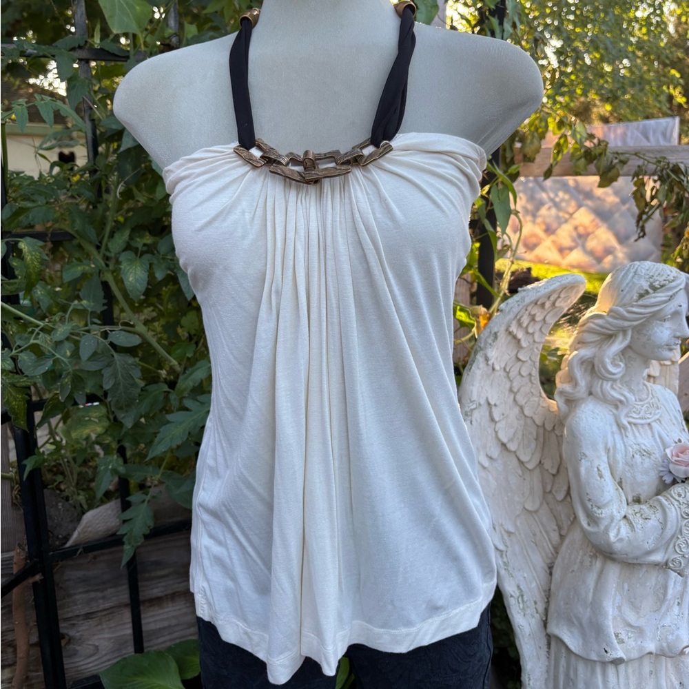 Chic White Blouse with Black Halter Straps - Picture 2 of 16